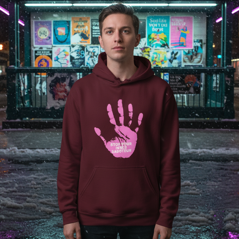 Model wearing a burgundy hoodie with a pink handprint and “STOP YOUR INNER SABOTEUR” text