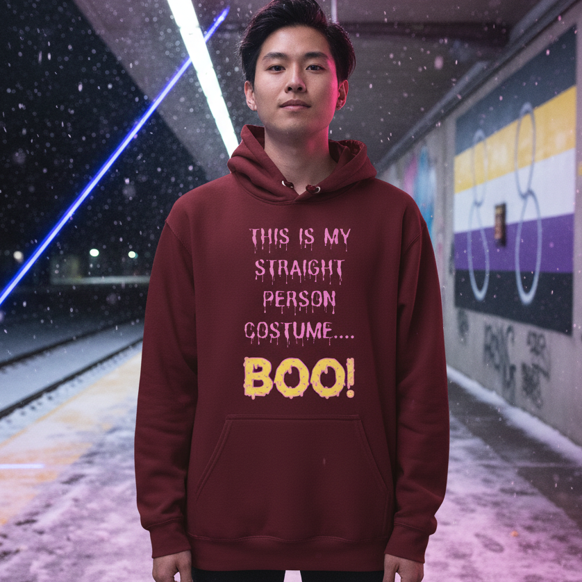 A young person models the This Is My Straight Person Costume... BOO! Unisex Hoodie, embodying playful queer pride on a snowy, moody train platform, showcasing warmth and visibility for all gender identities.