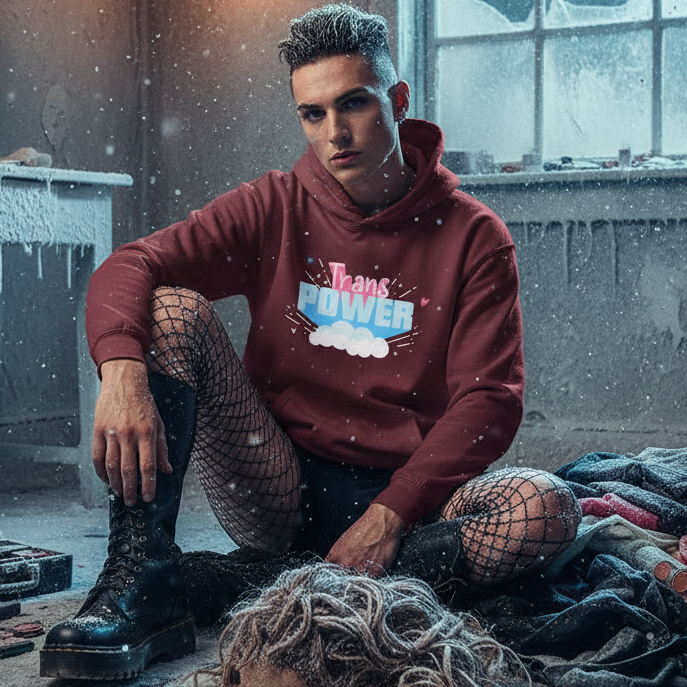 Young individual wearing the maroon Trans Power Unisex Hoodie, paired with fishnet tights and combat boots, sits amidst clothes and a wig in a gritty room, embodying prideful self-expression and empowerment.