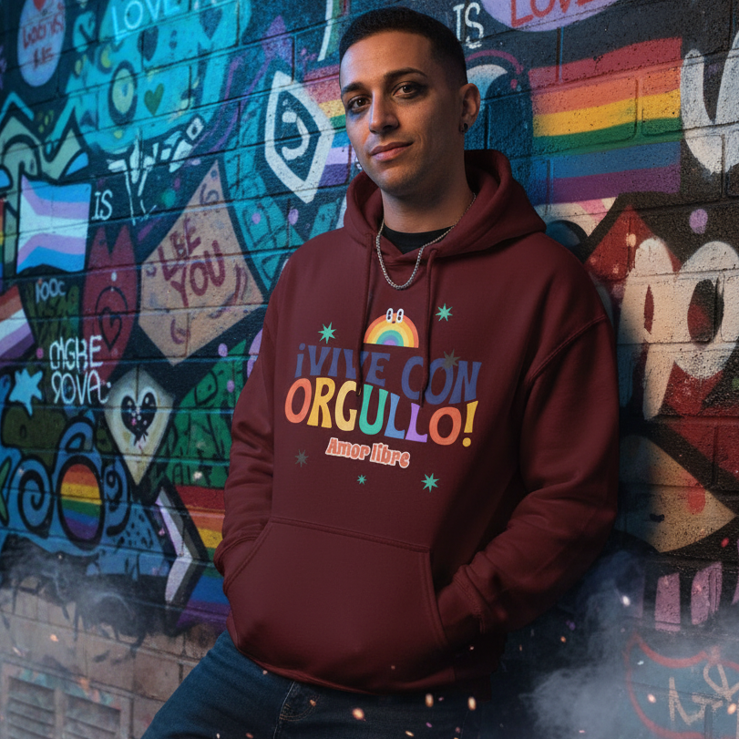 Person wearing a burgundy hoodie reading “¡VIVE CON ORGULLO! Amor libre” by a pride graffiti wall