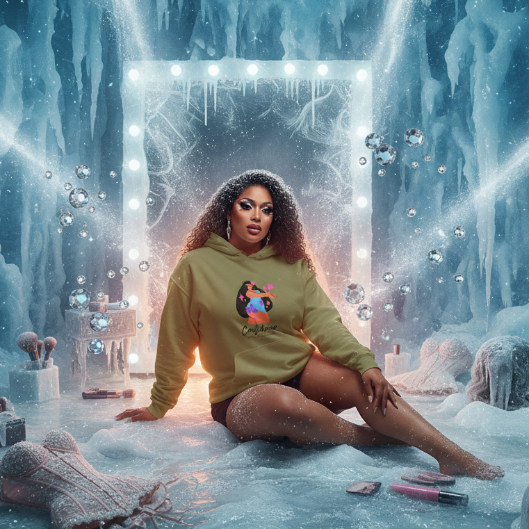 Body Confidence Unisex Hoodie in olive green, worn by a person in drag makeup, surrounded by frosty glamour and makeup tools, exuding bold, inclusive, and prideful self-expression in an icy wonderland.