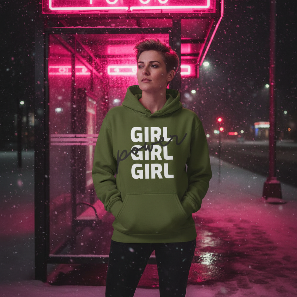Young person in an urban night scene wearing a Girl Girl Girl Power Unisex Hoodie, embodying queer pride. The olive-green hoodie features bold white text with playful power scribble, reflecting empowerment and self-expression.