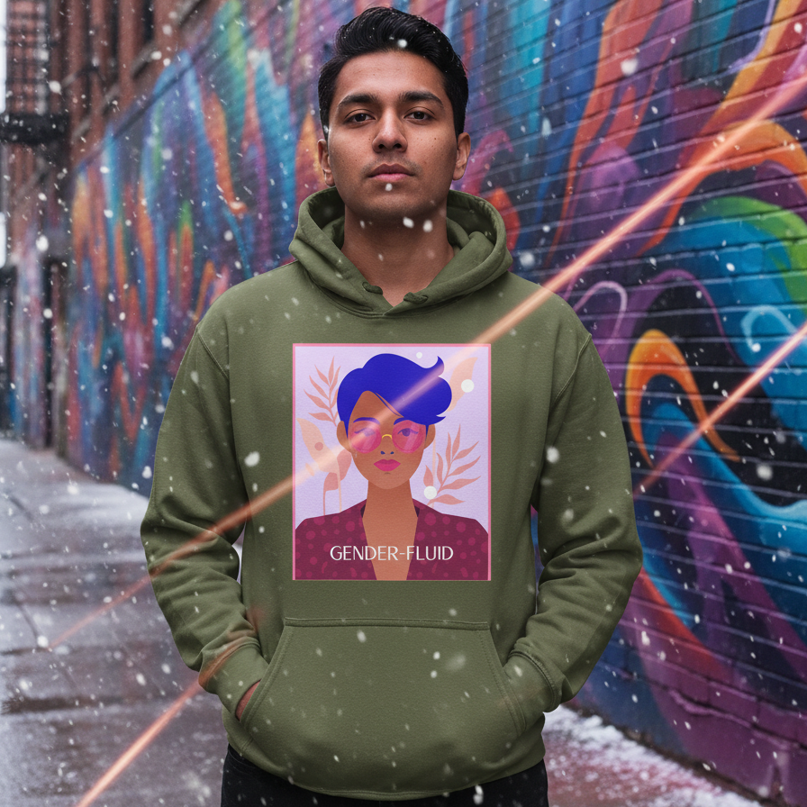 Front view of a person wearing an olive hoodie with a gender-fluid portrait graphic in falling snow