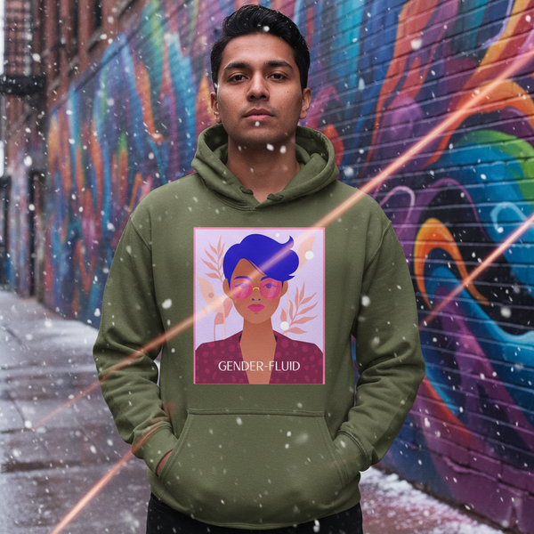 Front view of a person wearing an olive hoodie with a gender-fluid portrait graphic in falling snow