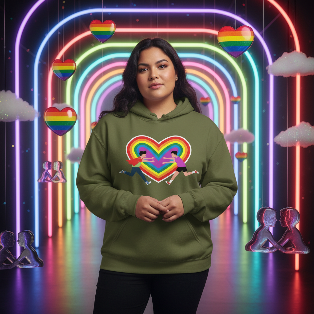 Person in front of rainbow arches and hearts wears the Gay Couple Unisex Hoodie featuring a large rainbow heart with two figures, embodying Pride, visibility, and self-expression.