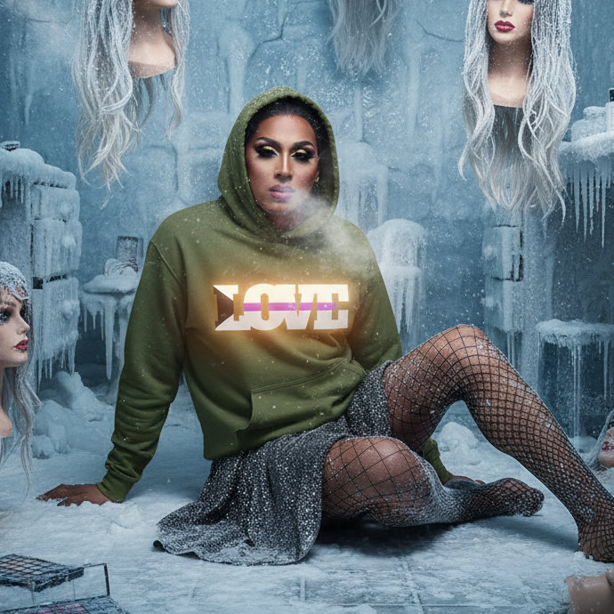 Demisexual Love Unisex Hoodie worn by a heavily made-up individual in a surreal icy setting, embodies pride and self-expression with its moss-green hue and bold LOVE statement, surrounded by mannequin heads and a makeup palette.