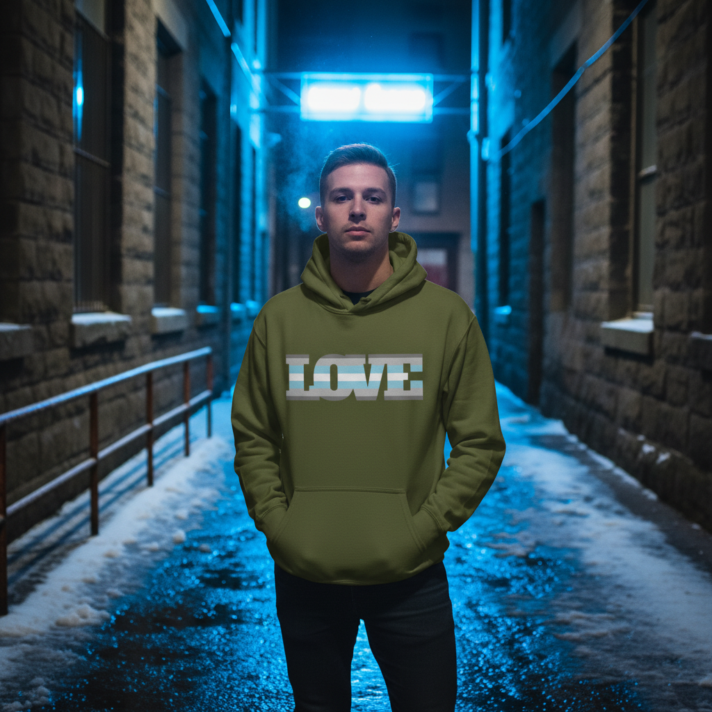 Demiboy Love Unisex Hoodie features a blocky LOVE graphic, worn by a young man in a snowy alley, embodying LGBTQIA+ pride and self-expression with its soft, inclusive design.