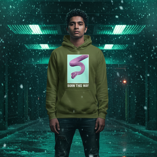 Model in an olive hoodie with a purple snake graphic and “BORN THIS WAY” text