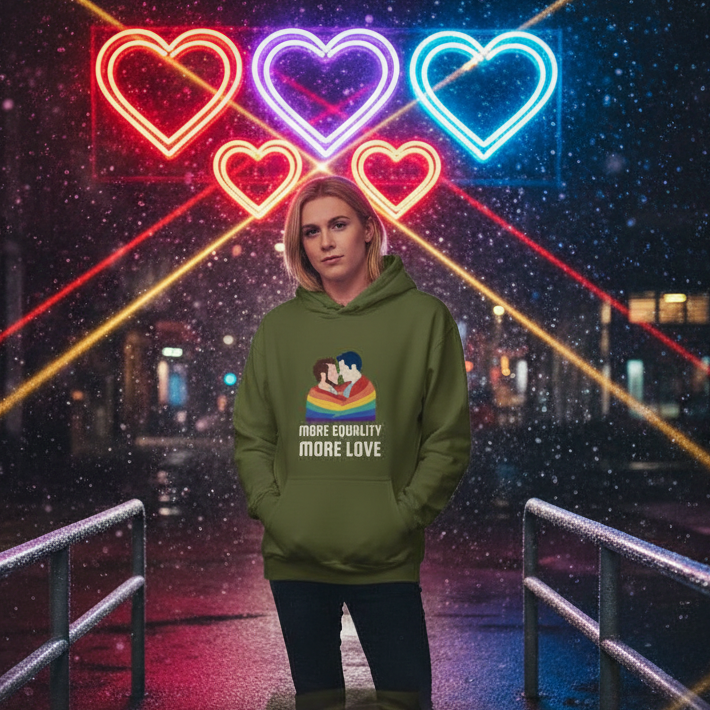 Person modeling an olive hoodie with a rainbow embrace graphic and “MORE EQUALITY MORE LOVE” text
