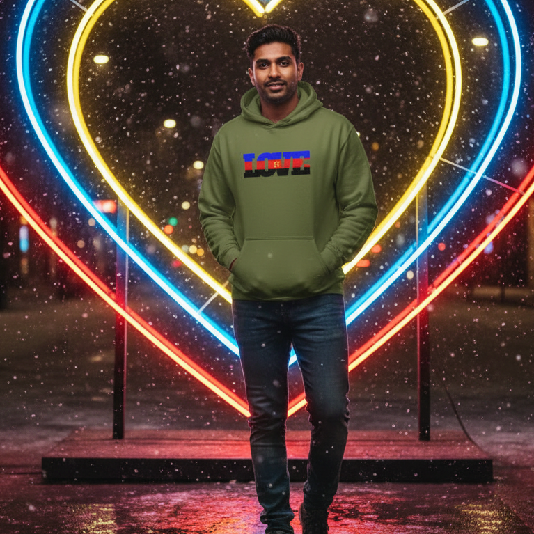 Young man wearing the Polyamory Love Unisex Hoodie stands confidently in snowfall, illuminated by a neon heart sculpture, reflecting pride and self-expression through its bold LOVE design.