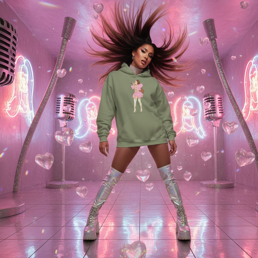 Young woman in an oversized Ariana Grande Unisex Hoodie featuring a cartoon figure, paired with knee-high iridescent boots, exuding a bold, joyful, and empowering queer energy in a neon-lit, surreal setting.
