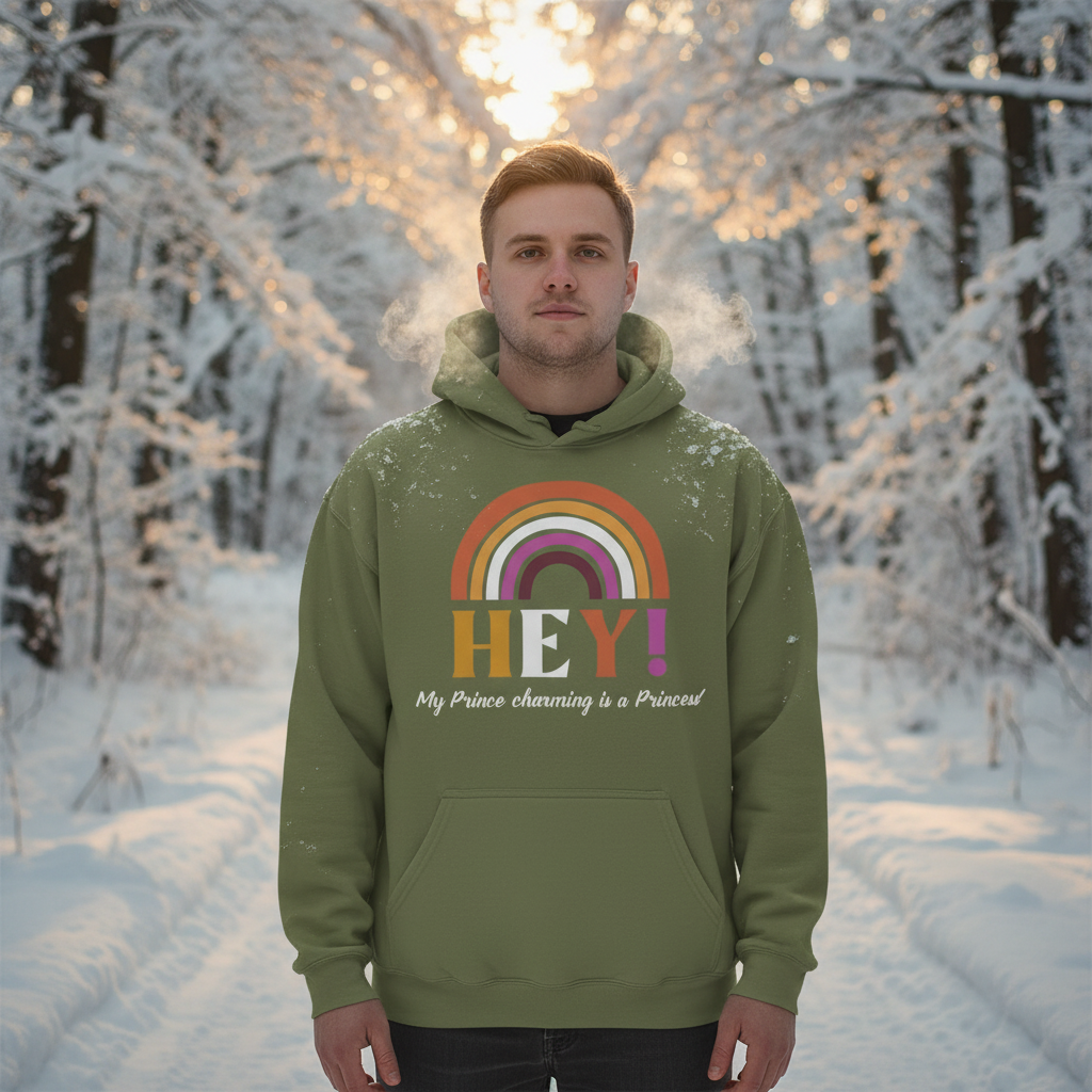 Young man in a muted olive-green Hey! My Prince Charming Is A Princess! unisex hoodie, showcasing a bold rainbow graphic and empowering queer message, dusted with snowflakes in a serene winter woodland.