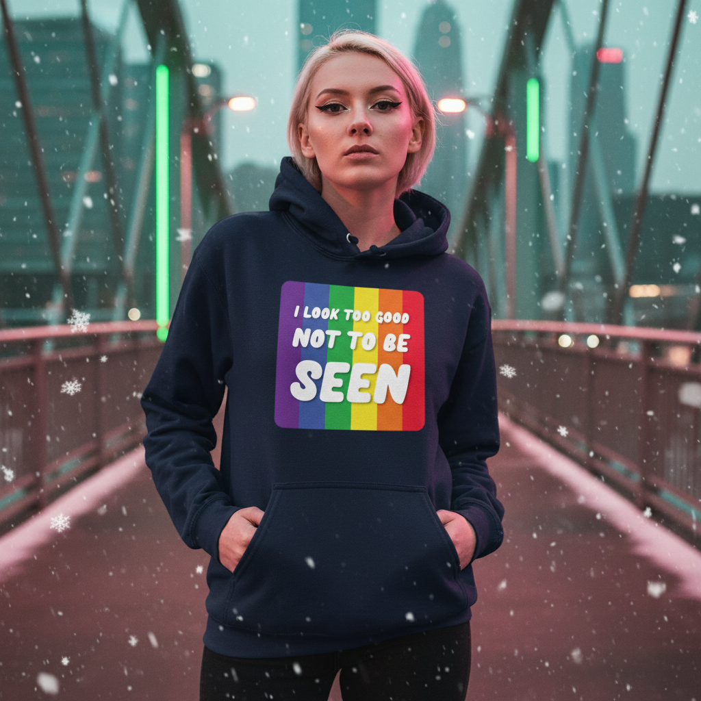 A young person wears the I Look Too Good Not To Be Seen Unisex Hoodie, showcasing prideful rainbow stripes on a snowy urban bridge, embodying queer empowerment and self-expression.