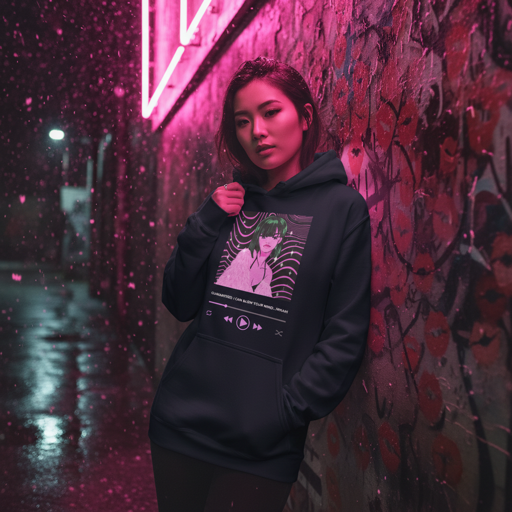 Model wearing a black hoodie with an anime graphic and “Guaranteed, I Can Blow Your Mind...Mwah!” text