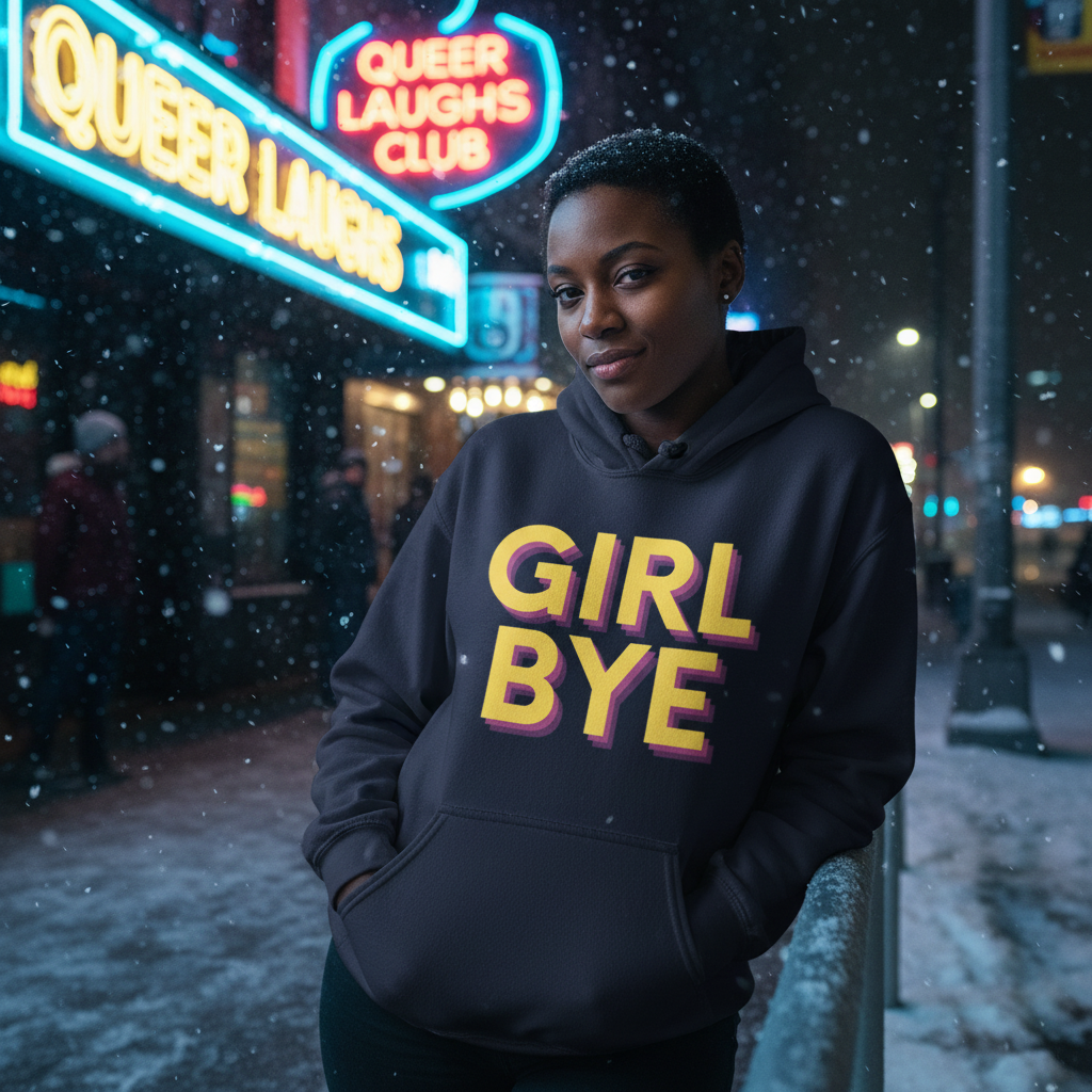 Model wearing a dark hoodie reading “GIRL BYE” on a snowy city sidewalk