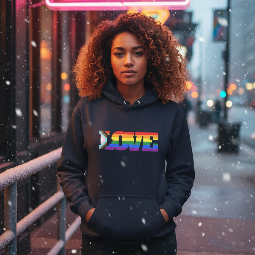 Young woman in a Pride Unisex Hoodie with rainbow-gradient LOVE text stands on a snowy city sidewalk, embodying cozy, inclusive style perfect for expressing LGBTQ+ pride and self-expression.