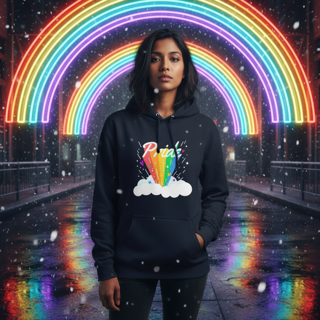 Person wearing a Pride Rainbow Unisex Hoodie featuring a rainbow and cloud design, standing in a vibrant urban night scene with neon-lit rainbow arches and gentle snowfall, reflecting bold queer energy.