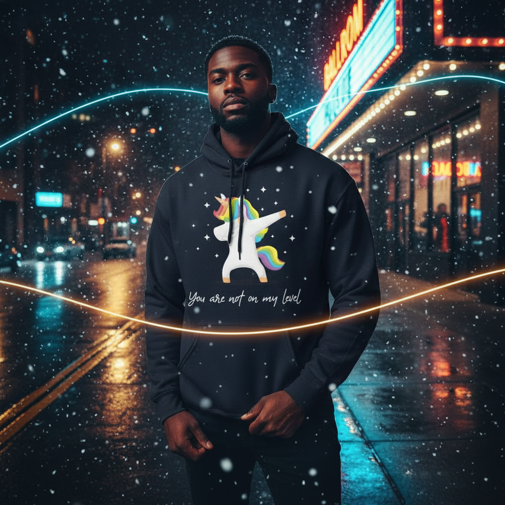 Young man in a You Are Not On My Level Unisex Hoodie featuring a dabbing unicorn, standing on a neon-lit street at night. The hoodie exudes bold, prideful energy, embodying playful self-expression.