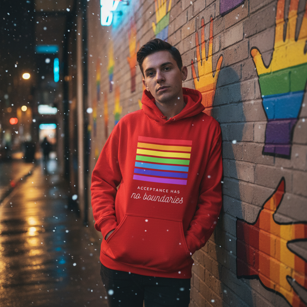 Person wearing a red hoodie with rainbow stripes and “Acceptance Has no boundaries” text in falling snow