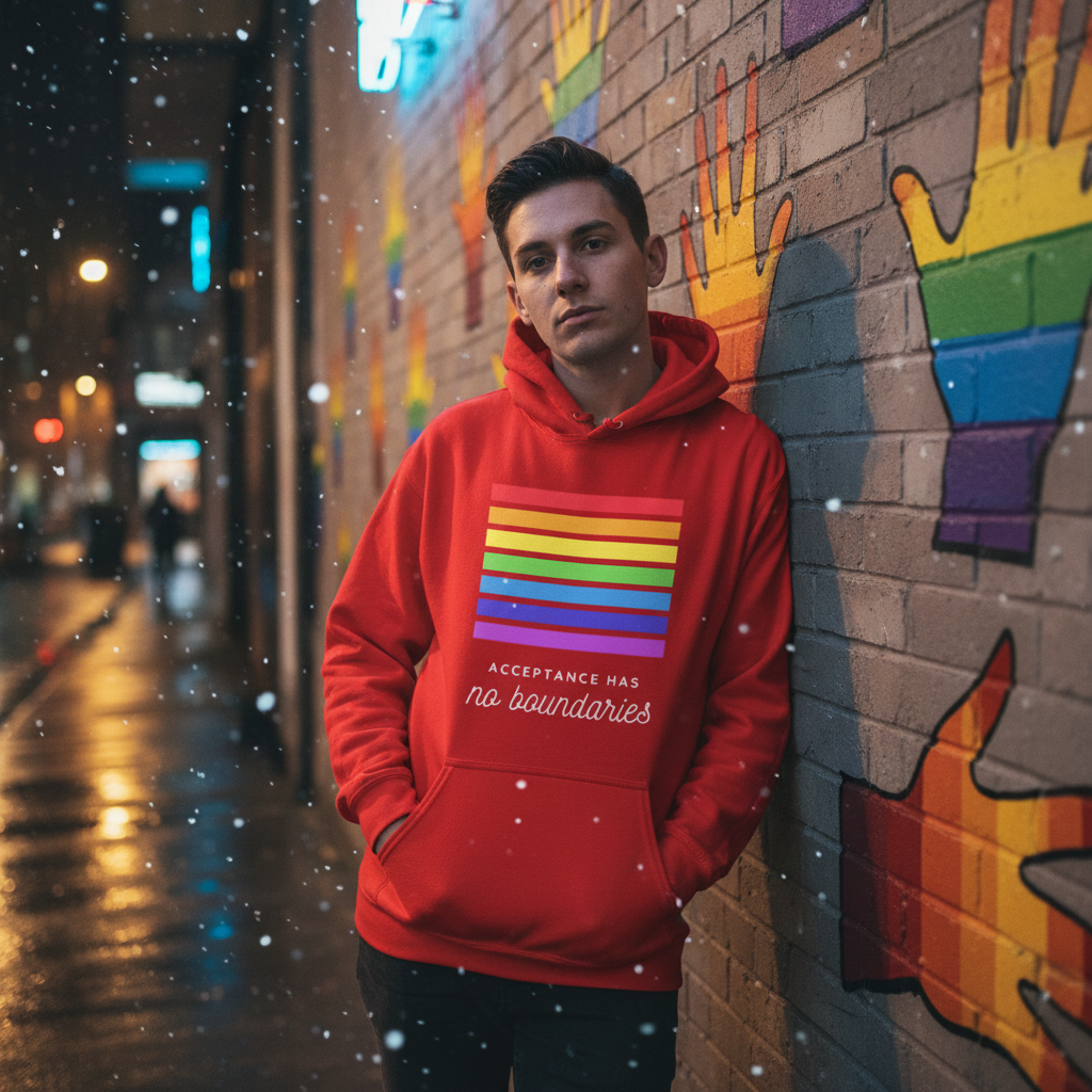 Person wearing a red hoodie with rainbow stripes and “Acceptance Has no boundaries” text in falling snow