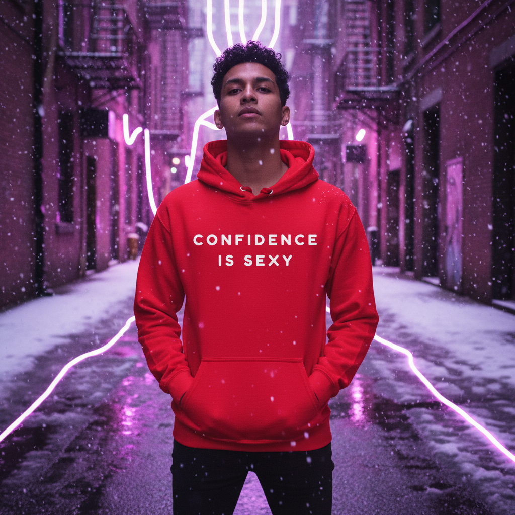Young person in a Confidence Is Sexy Unisex Hoodie, standing confidently in a snow-dusted urban alley, surrounded by neon glow, embodying vibrant queer pride and self-expression.