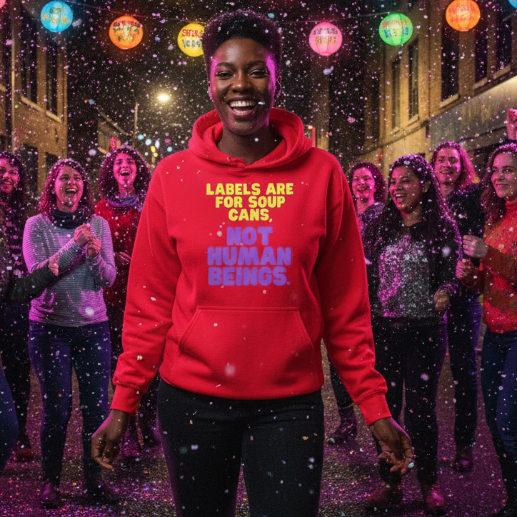 Smiling person in a red hoodie reading “LABELS ARE FOR SOUP CANS, NOT HUMAN BEINGS.”