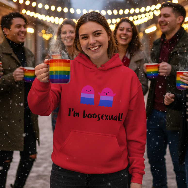 Smiling person in a red “I’m boosexual!” hoodie holds a rainbow mug in falling snow