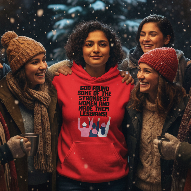 Women in a snowy forest wear winter gear, centered by one in a God Found The Strongest Women Unisex Hoodie, celebrating lesbian pride with empowering text and raised-fist graphic.
