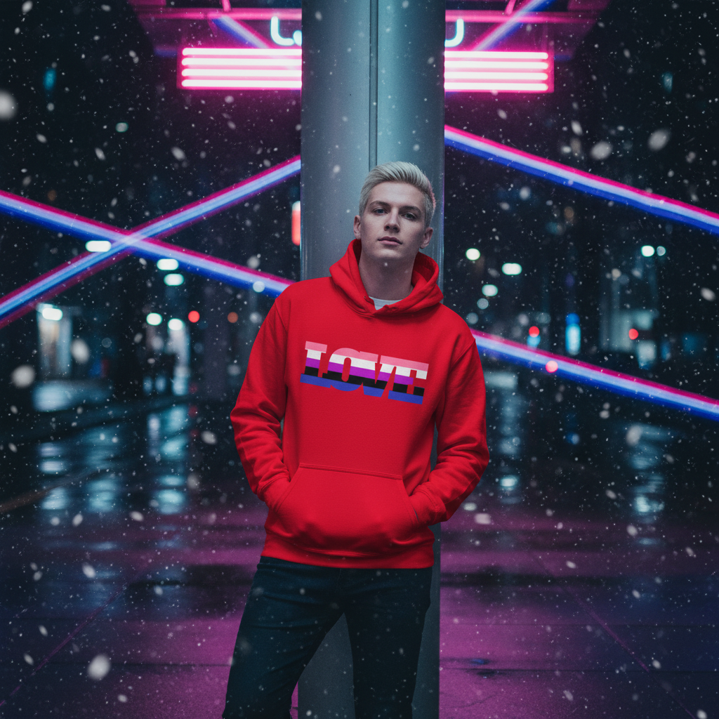 Young man under neon lights in a snowy urban street wearing the Genderfluid Love Unisex Hoodie, showcasing LOVE in multicolored text. Reflects Queer In The World's vibrant, inclusive, and prideful ethos.