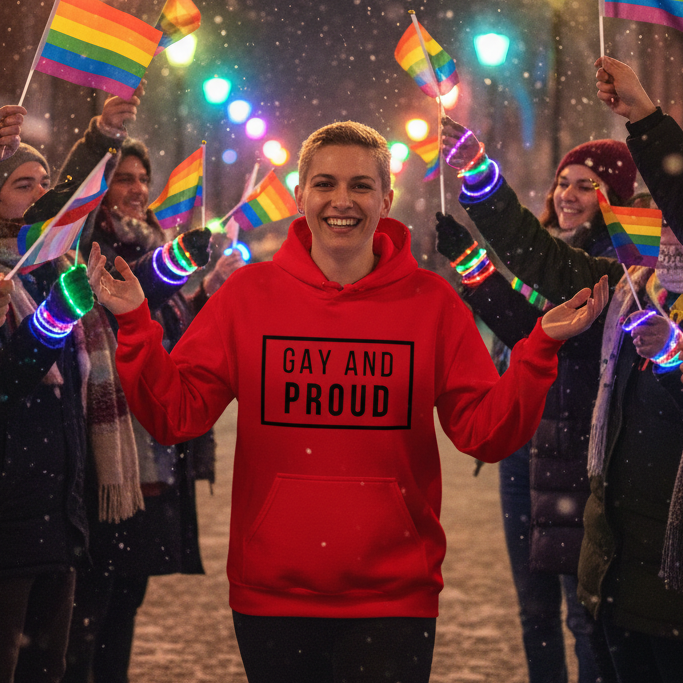 Smiling person in a red “GAY AND PROUD” hoodie at a snowy Pride gathering