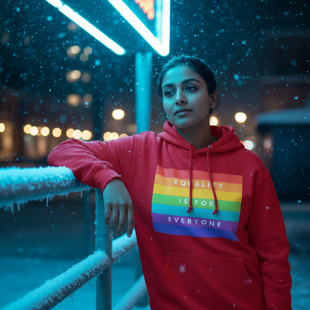 Person wearing a red hoodie with a rainbow panel reading “EQUALITY IS FOR EVERYONE” in falling snow
