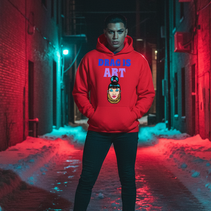 Model wears a red hoodie reading “DRAG IS ART” with a colorful drag-queen graphic in a snowy alley