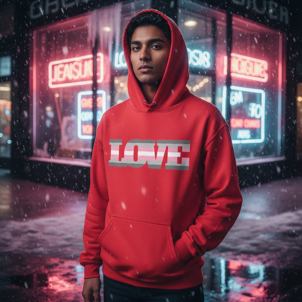 Demigirl Love Unisex Hoodie worn by a young person on a neon-lit street, showcasing its bold LOVE print. The cozy, stylish design reflects LGBTQIA+ pride and self-expression, perfect for cooler nights.