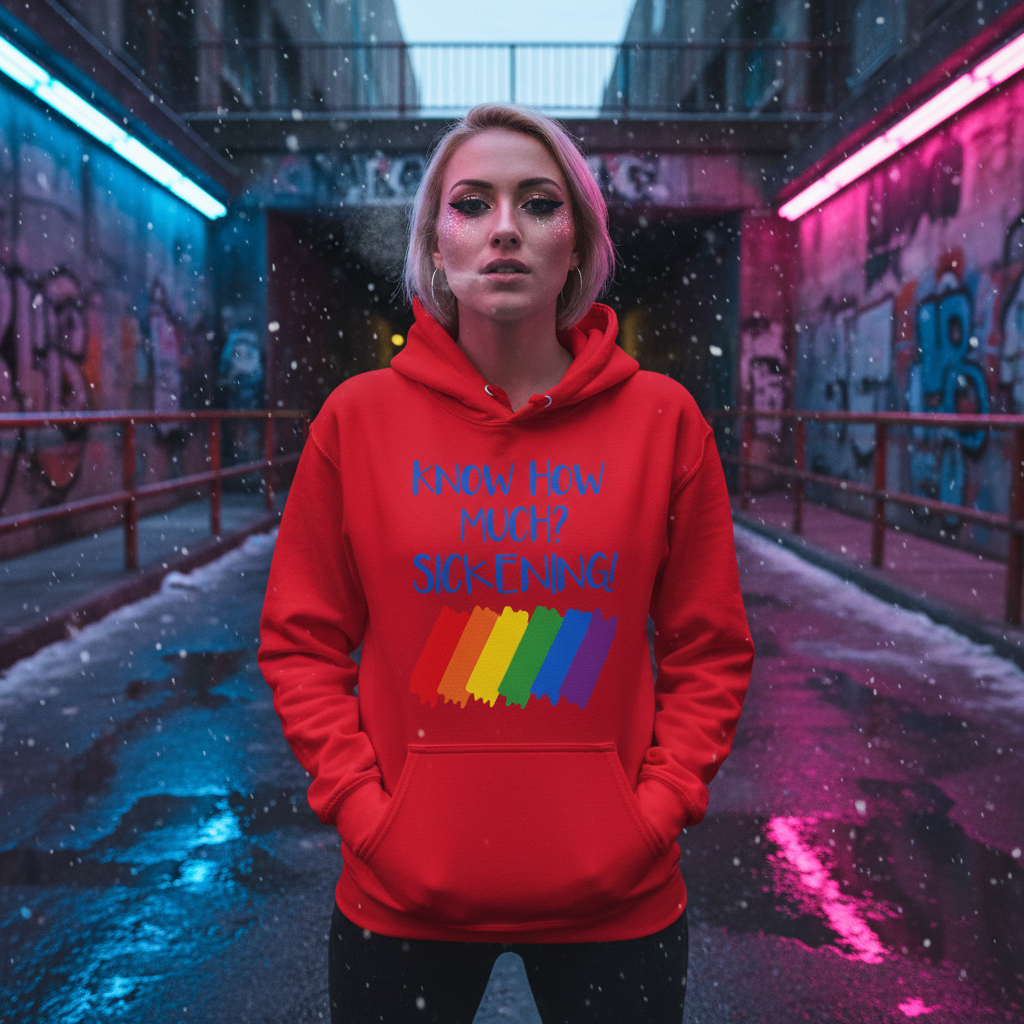 Front-facing model wears a red hoodie reading “Know How Much? Sickening!” above rainbow brush strokes.