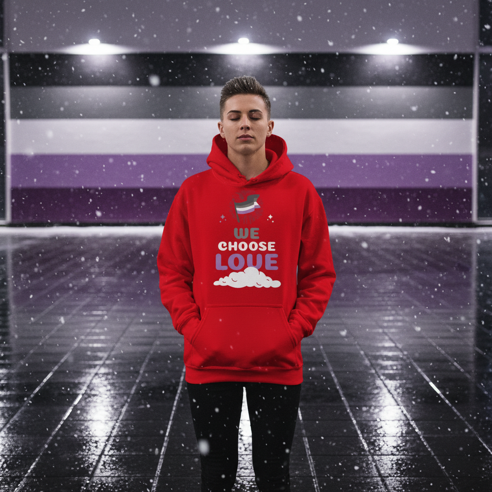 Front-facing person wearing a red hoodie reading “WE CHOOSE LOVE” beneath a flag graphic