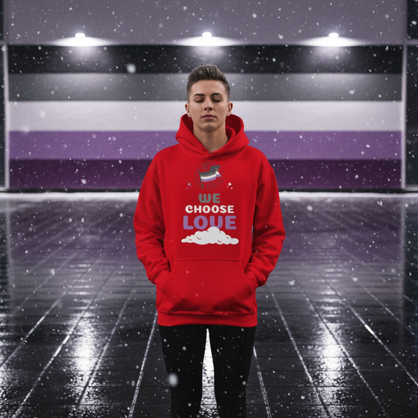 Front-facing person wearing a red hoodie reading “WE CHOOSE LOVE” beneath a flag graphic