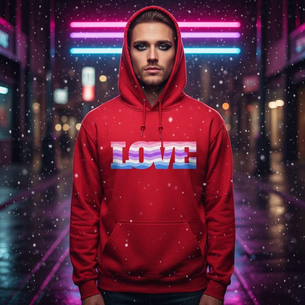 Front-facing person in a red hoodie with striped LOVE lettering, standing in falling snow at night