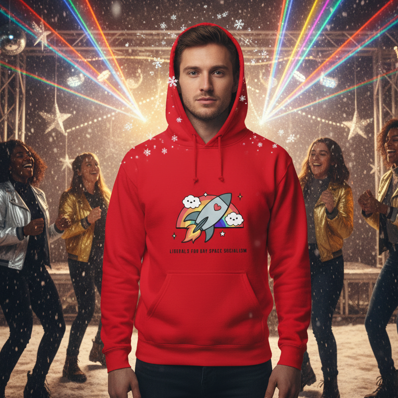 A young man wears the Liberals For Gay Space Socialism Unisex Hoodie, featuring a cartoon rocket graphic, amidst a lively, club-like setting with dancing people, embodying vibrant queer pride and self-expression.