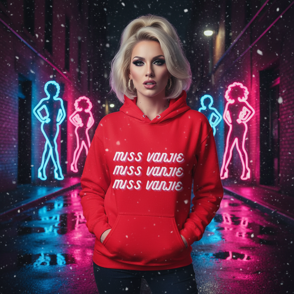 Model wearing a red hoodie reading “MISS VANJIE” three times in a neon-lit snowy alley