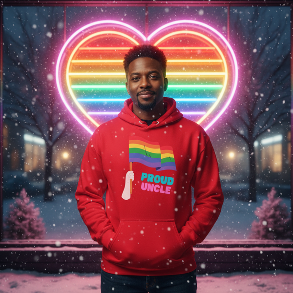 Person wearing a red hoodie with a rainbow flag and “PROUD UNCLE” text in falling snow