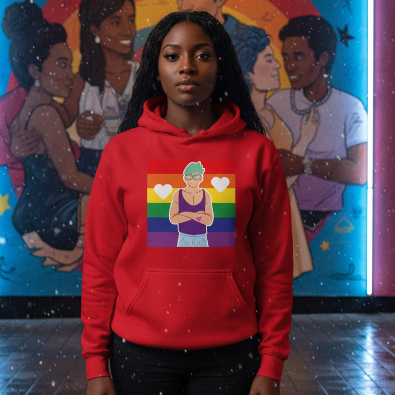 Model wearing a red hoodie with a rainbow-striped graphic and cartoon figure