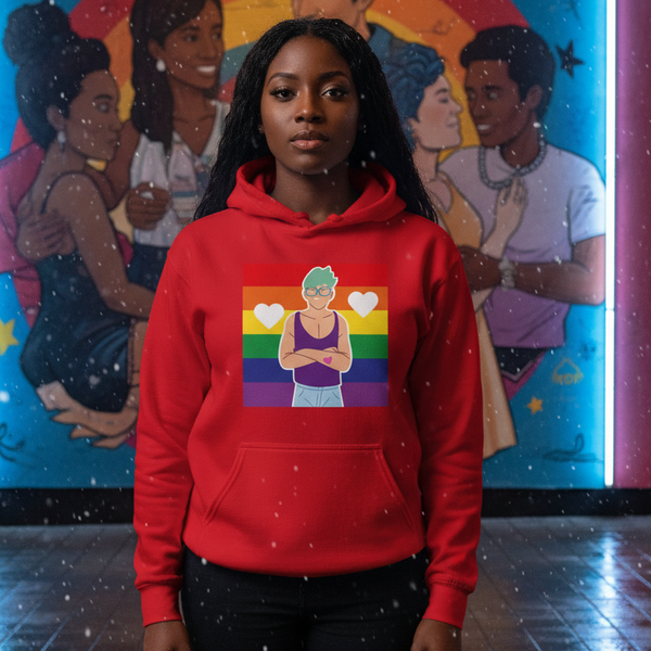 Model wearing a red hoodie with a rainbow-striped graphic and cartoon figure