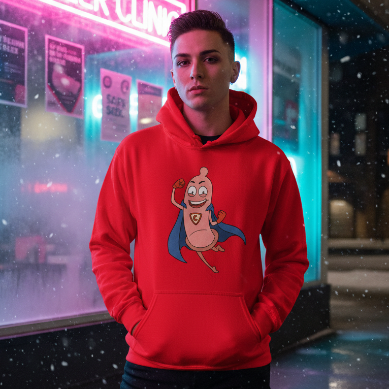 A young man wears the Super Condom Unisex Hoodie with a cartoon superhero sausage design, standing in light snowfall against a neon-lit backdrop, embodying prideful, playful, and inclusive self-expression.