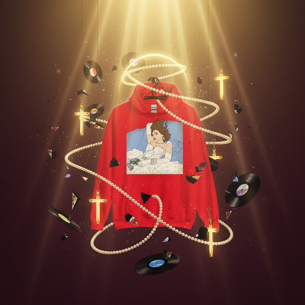 Unisex hoodie featuring vibrant anime Madonna art: a reclining woman, pearl strands, vinyls, gold crosses, and gem fragments.
