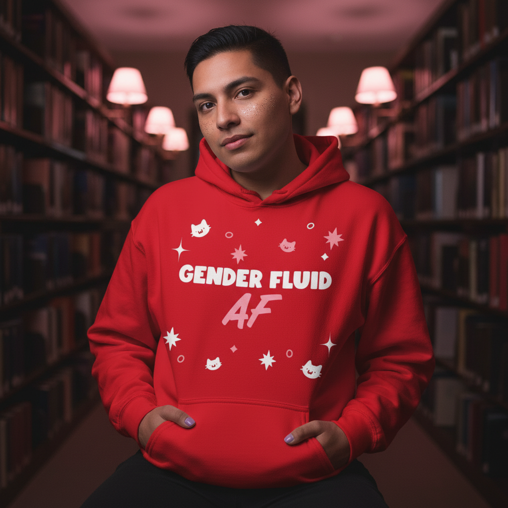 Person in softly lit library wears Gender Fluid AF Unisex Hoodie with cat faces and sparkle graphics, radiating queer self-expression and pride. Hands in front pocket, embodying empowerment and visibility.
