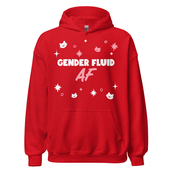 Gender Fluid AF Unisex Hoodie in bright red, featuring bold white and pink text with starbursts, circles, diamonds, and kitty faces. Embrace queer pride and self-expression with this cozy, stylish hoodie.