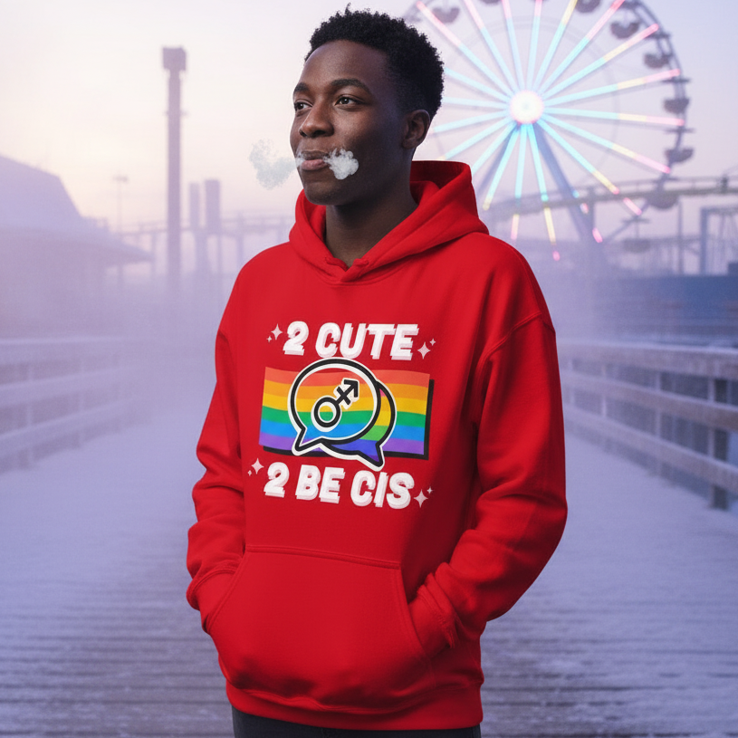 Model in a red hoodie reading “2 CUTE 2 BE CIS” beside a lit Ferris wheel