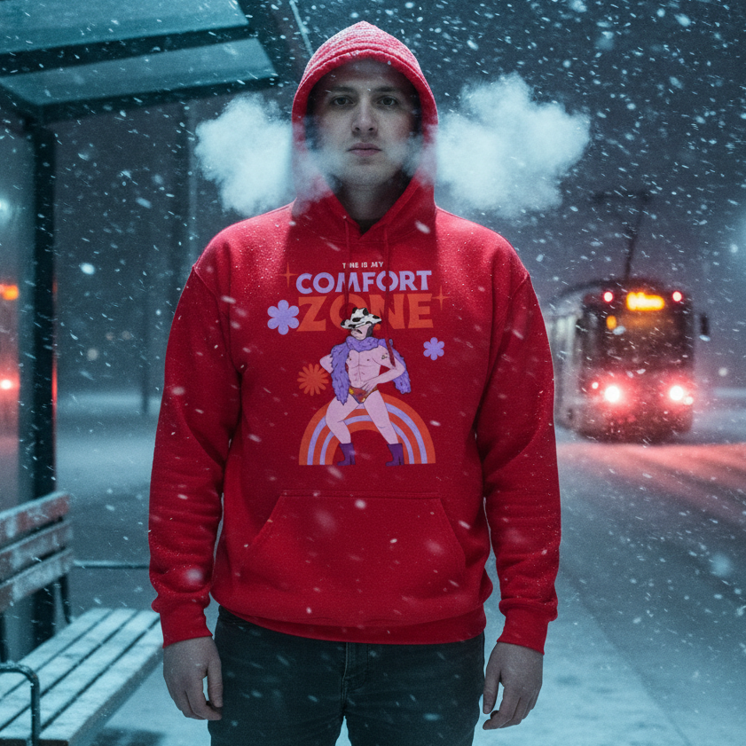 A person at a snowy bus stop wears the This Is My Comfort Zone Unisex Hoodie featuring an anthropomorphic skunk graphic. The hoodie celebrates queer pride, self-expression, and vibrant empowerment.