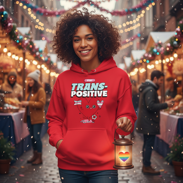 Smiling person wearing a red “Stay Trans-Positive” hoodie at a festive market