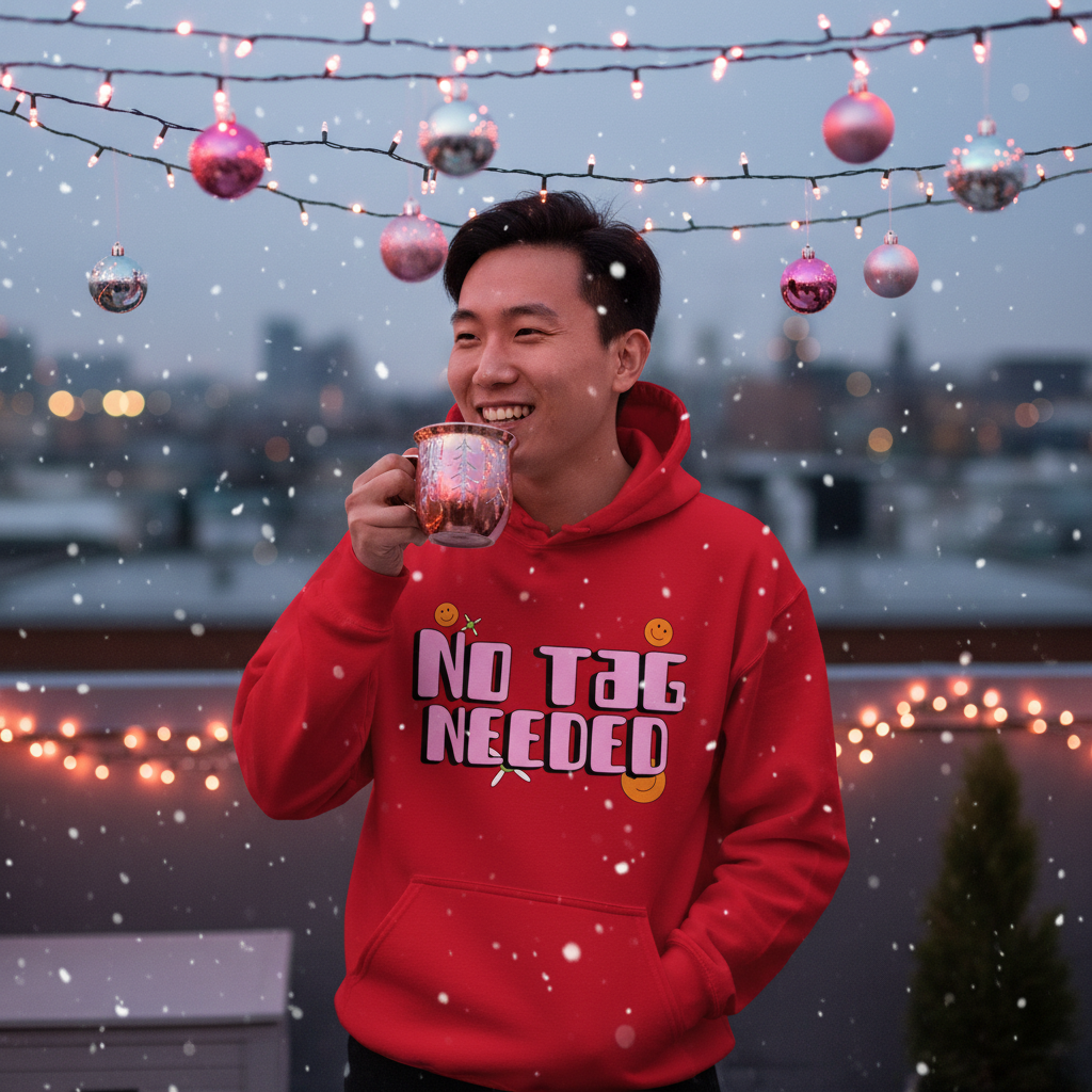 A young person joyfully sips a warm drink, wearing the No Tag Needed Unisex Hoodie with pride, featuring smiley graphics and embodying cozy, empowering queer self-expression amidst twinkling lights and snowfall.